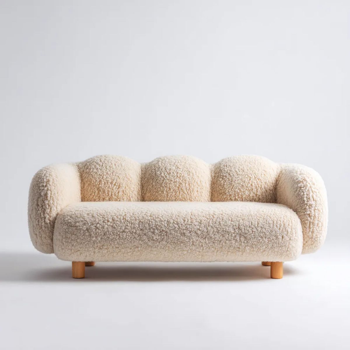 Trzyosobowa sofa kremowa z tapicerką bouclé z poliestru, drewniane nóżki, 210 × 90 × 75 cm