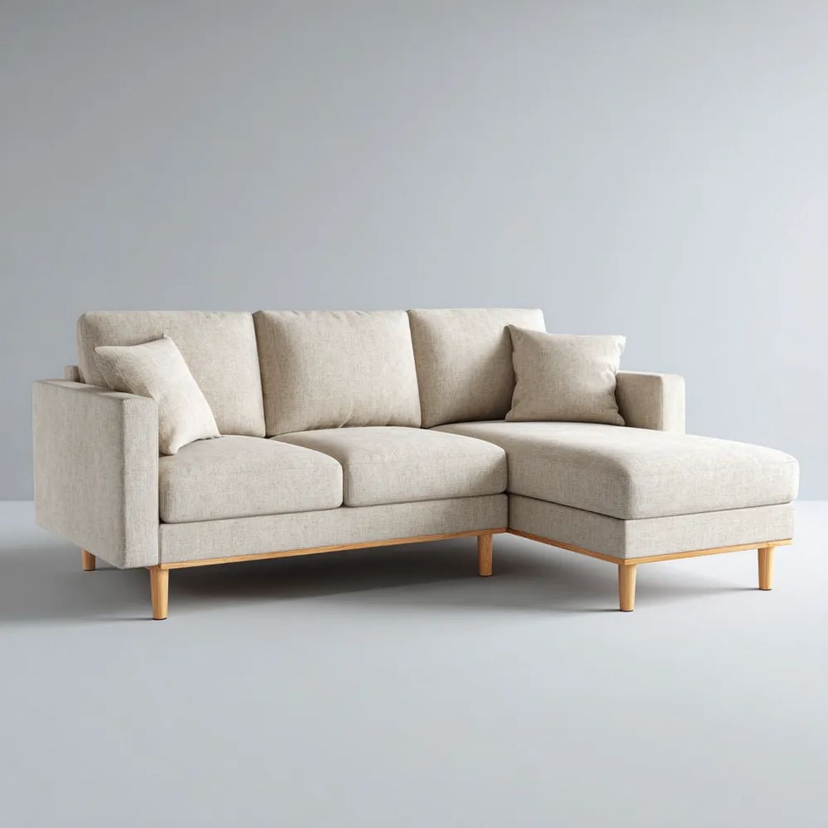 Beżowa sofa narożna z prawostronnym szezlongiem, tapicerka poliestrowa, 220 x 150 x 85 cm