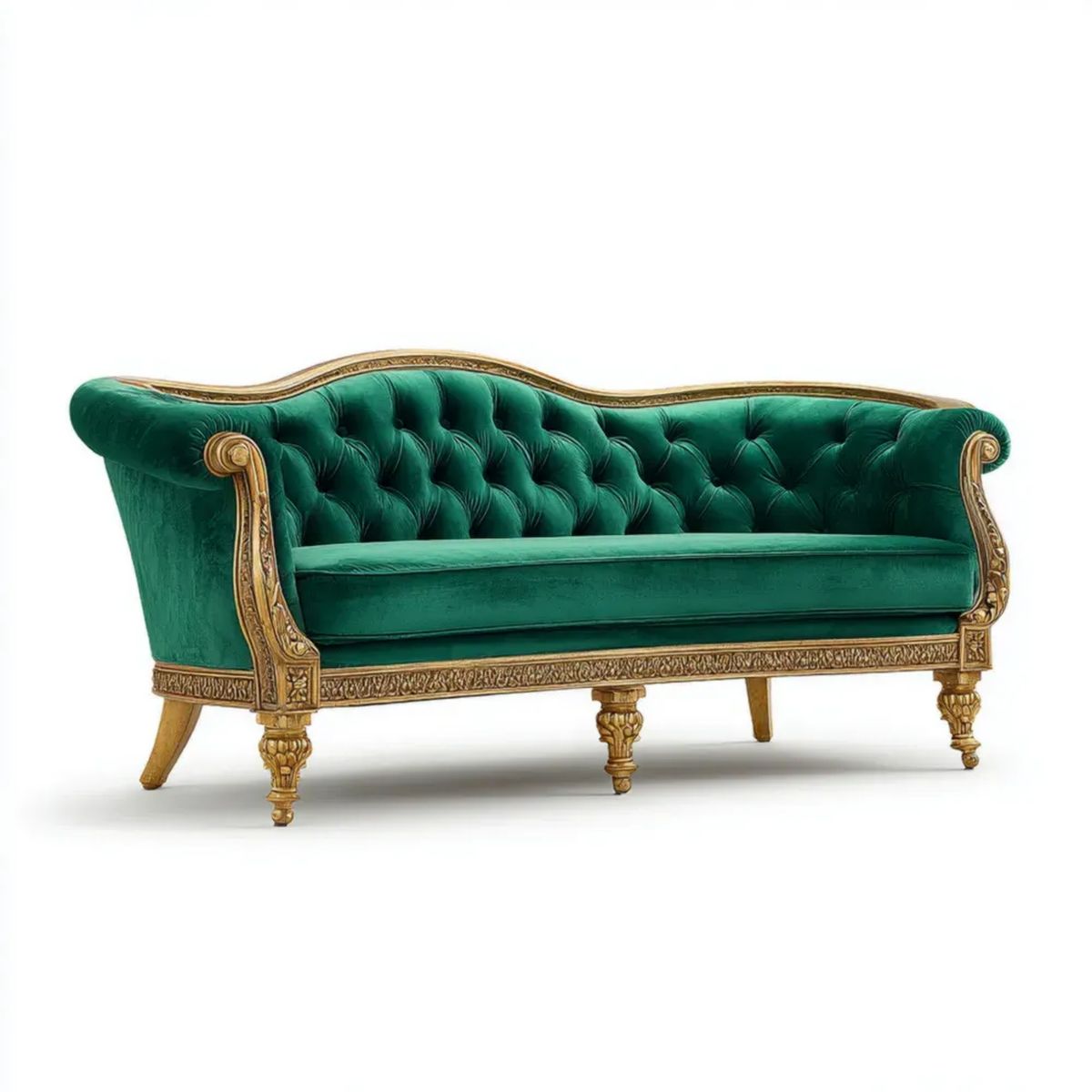 3-osobowa sofa drewniana w stylu klasycznym, zielono-złota, z welurową tapicerką poliestrową, 220 × 90 × 105 cm