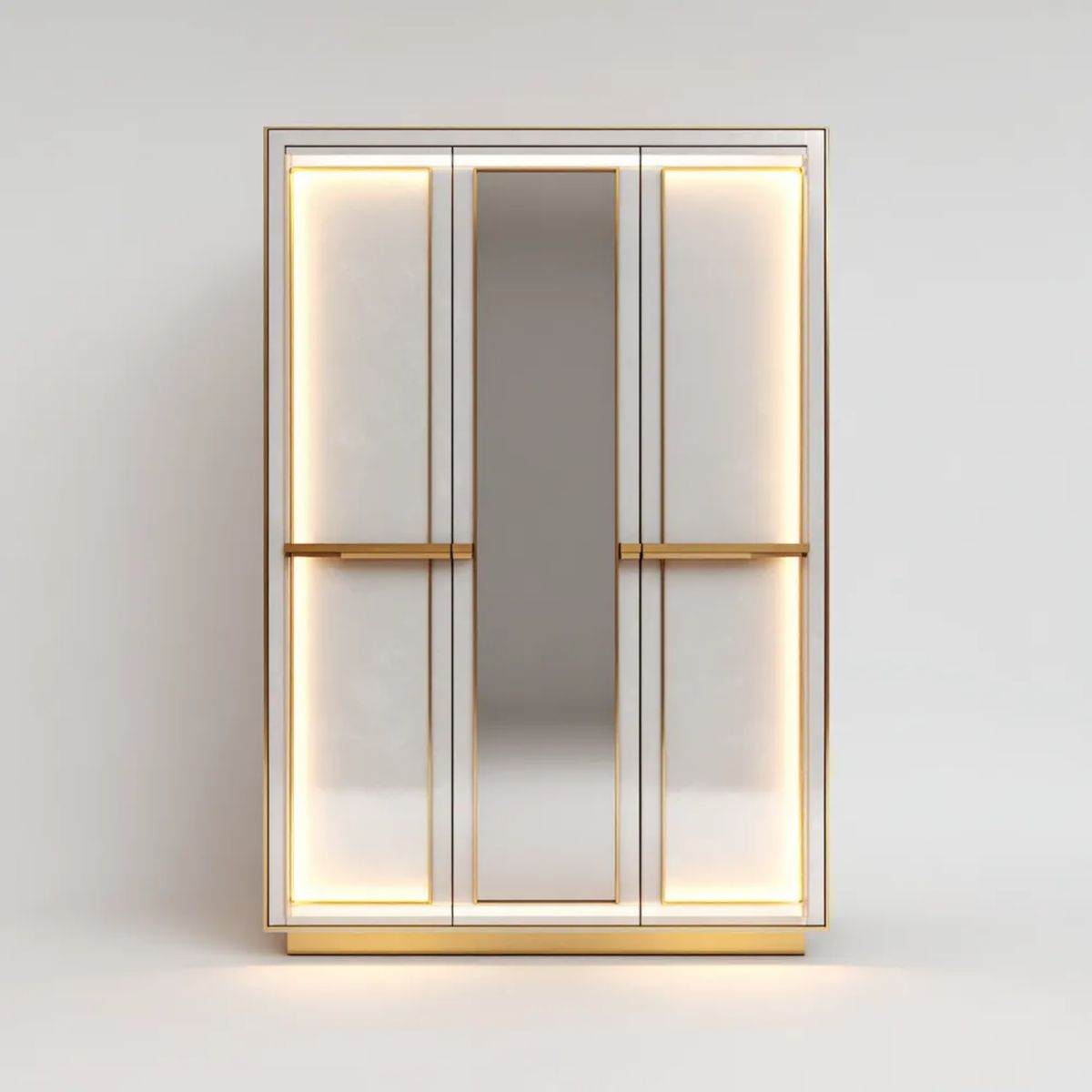 Trzydrzwiowa szafa z lustrem i oświetleniem LED, biała-złota, płyta MDF, 150 × 60 × 220 cm