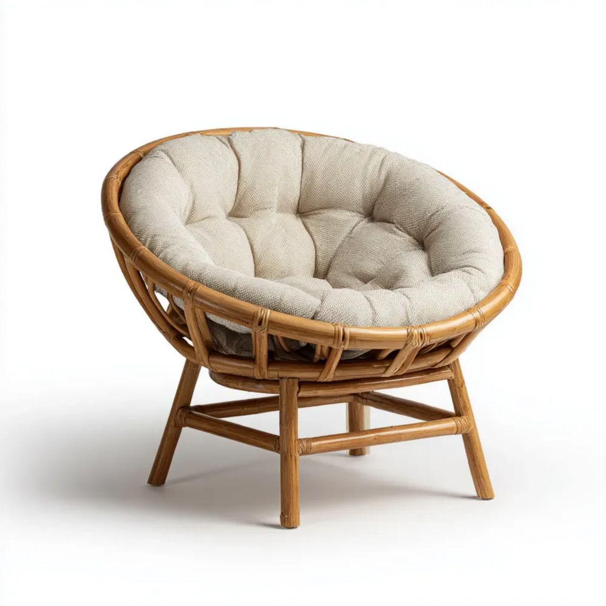 Okrągły fotel ogrodowy Papasan z rattanu z poduszką poliestrową, beżowy/jasnobrązowy, 100 × 100 × 85 cm
