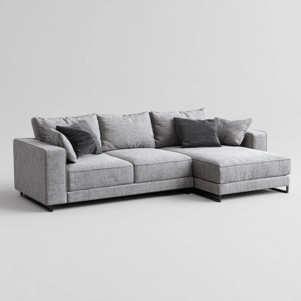 Prawostronna sofa narożna w kształcie L, szara, z tapicerką poliestrową, 280 × 165 × 85 cm