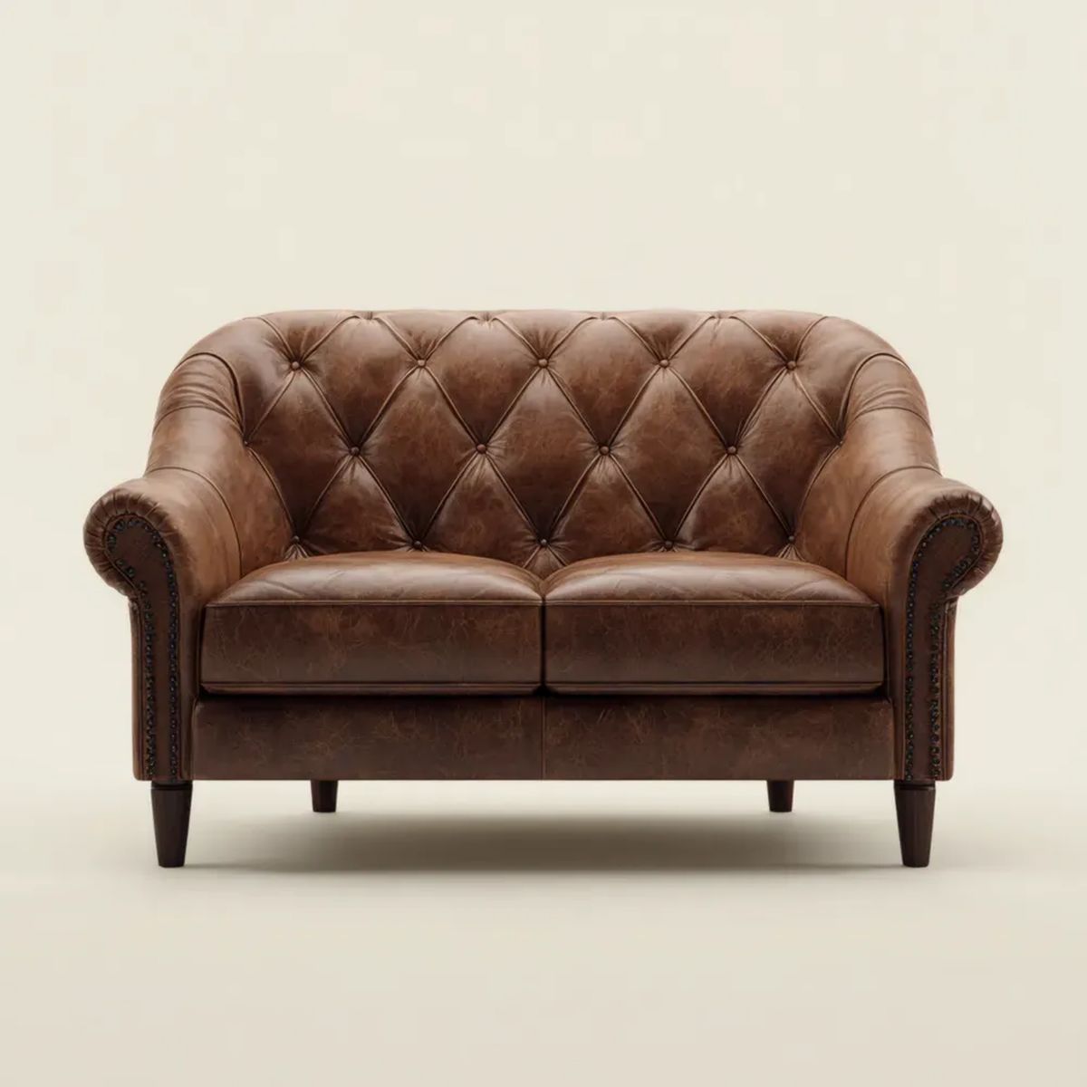 Sofa dwuosobowa Chesterfield z ekoskóry PU, brązowa, 152 x 84 x 78 cm