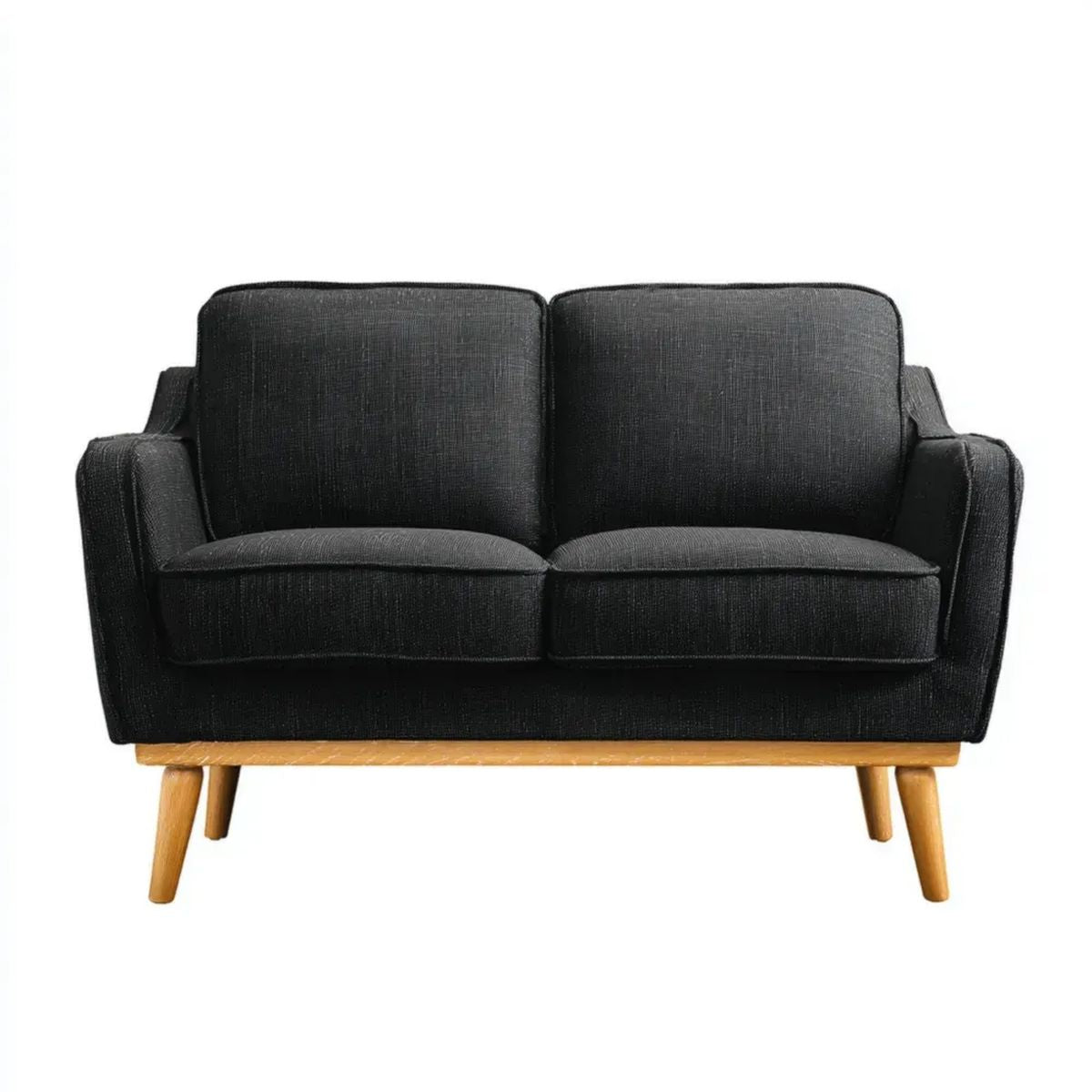 Dwuosobowa sofa czarna z tapicerką poliestrową i drewnianymi nogami, 130 × 78 × 82 cm