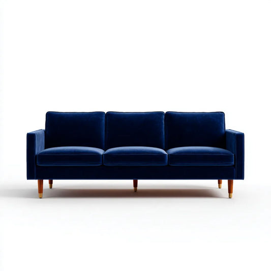 Trzyosobowa sofa z aksamitu granatowa z orzechowymi nogami, 210 x 85 x 84 cm