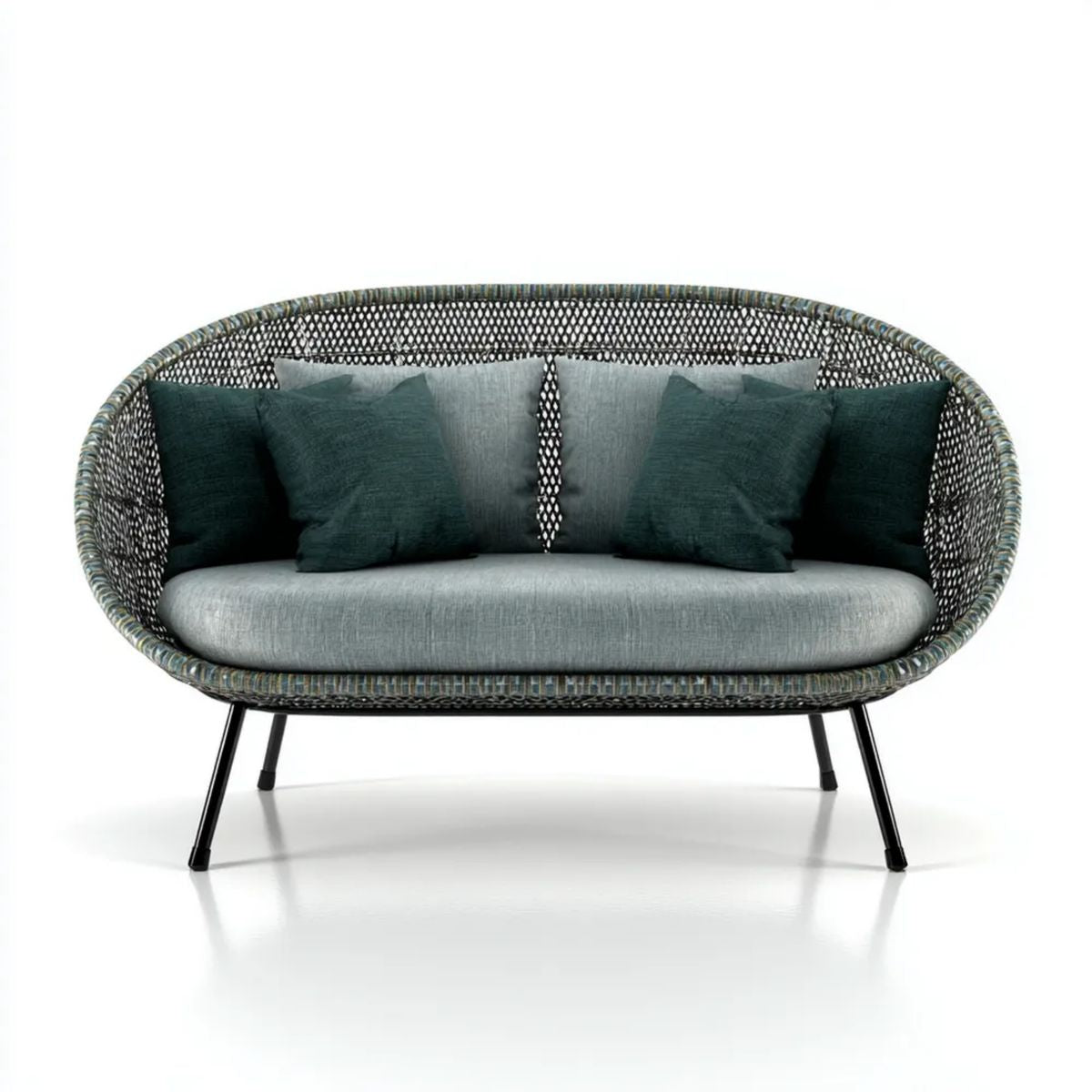 Dwuosobowa sofa ogrodowa z technorattanu 160 x 80 x 85 cm szaro-ciemnozielona z czarnymi nogami