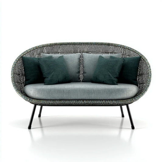 Dwuosobowa sofa ogrodowa z technorattanu 160 x 80 x 85 cm szaro-ciemnozielona z czarnymi nogami