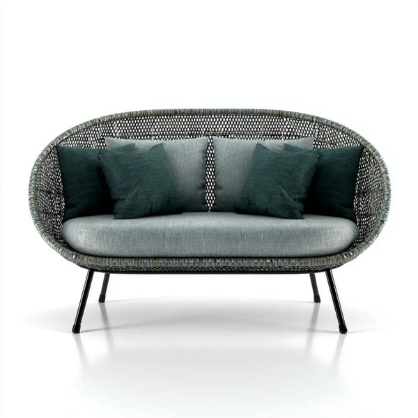 Dwuosobowa sofa ogrodowa z technorattanu 160 x 80 x 85 cm szaro-ciemnozielona z czarnymi nogami