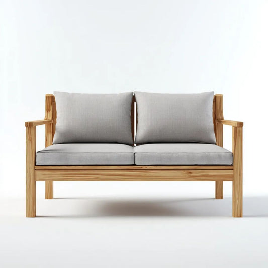 Dwuosobowa sofa ogrodowa z drewna akacjowego jasnobrązowa z szarymi poduszkami, 120 x 70 x 78 cm