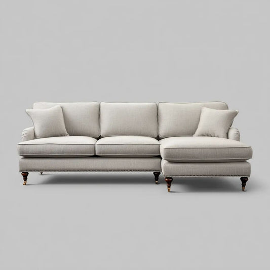 Beżowa sofa narożna z prawostronnym szezlongiem w kształcie L z tkaniny, 280 × 165 × 88 cm