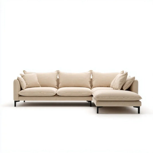 Beżowa sofa narożna z szezlongiem, tapicerka poliestrowa, prawostronna, 280 × 170 × 85 cm