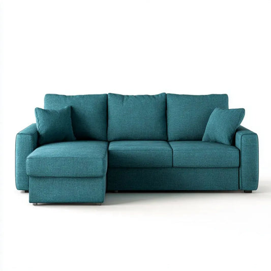 Turkusowa sofa narożna z lewostronnym szezlongiem w kształcie L z tkaniny, 230 × 150 × 85 cm