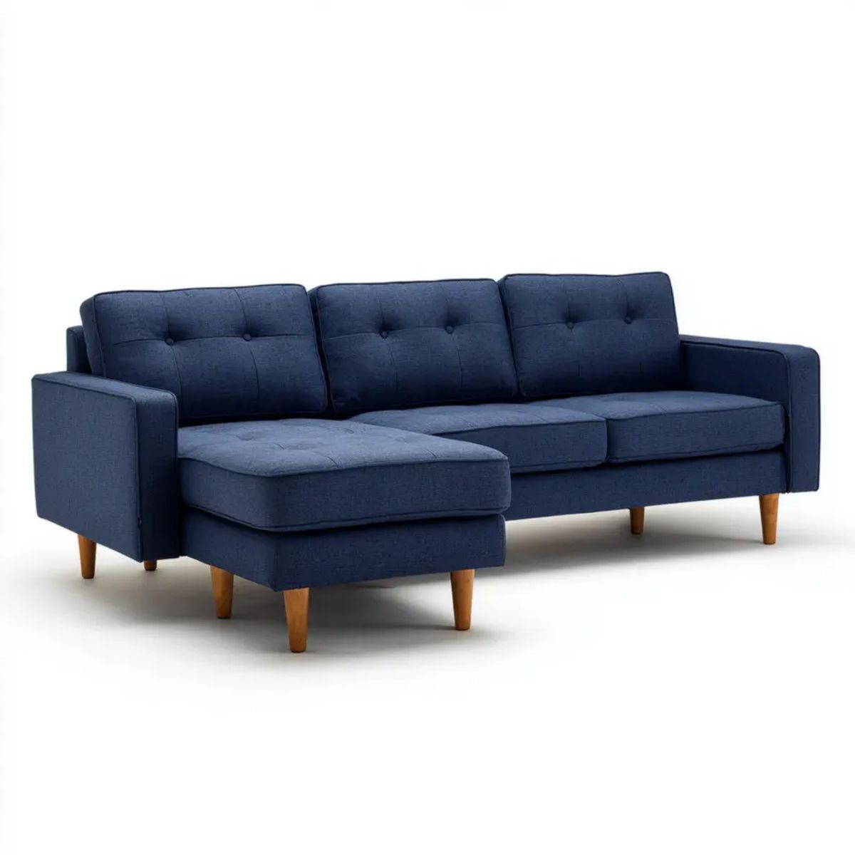 Granatowa sofa narożna z szezlongiem w kształcie L, tapicerowana tkaniną, 230 × 150 × 85 cm