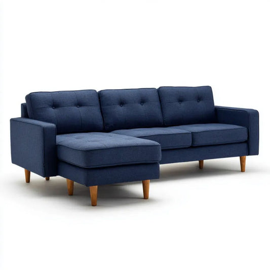 Granatowa sofa narożna z szezlongiem w kształcie L, tapicerowana tkaniną, 230 × 150 × 85 cm