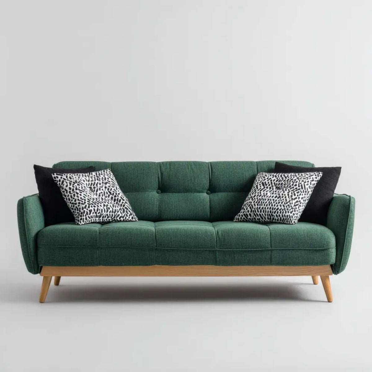 Trzyosobowa sofa zielona z tapicerką poliestrową i drewnianymi nóżkami, 210 x 85 x 88 cm