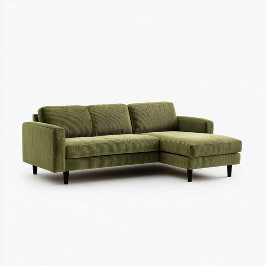 Sofa narożna prawostronna oliwkowa z poliestru sztruksowego 230 x 150 x 85 cm