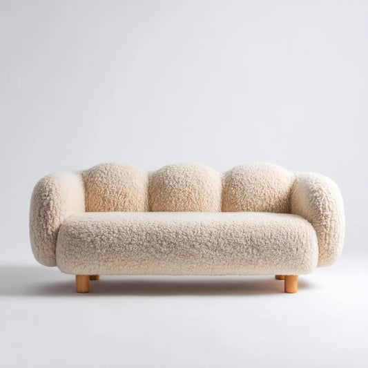 Trzyosobowa sofa kremowa z tapicerką bouclé z poliestru, drewniane nóżki, 210 × 90 × 75 cm