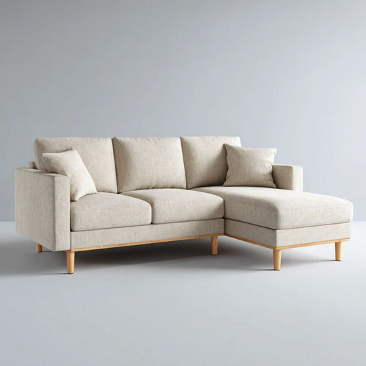 Beżowa sofa narożna z prawostronnym szezlongiem, tapicerka poliestrowa, 220 x 150 x 85 cm