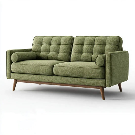Dwuosobowa sofa zielona z tapicerką tkaninową i drewnianymi nogami, 160 x 85 x 88 cm
