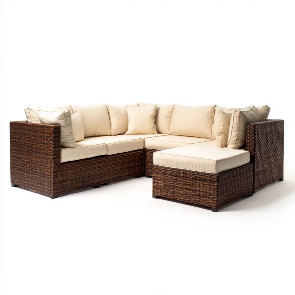 Narożna sofa ogrodowa z pufą z technorattanu i poliestru, brązowo-beżowa, 210 x 210 x 65 cm