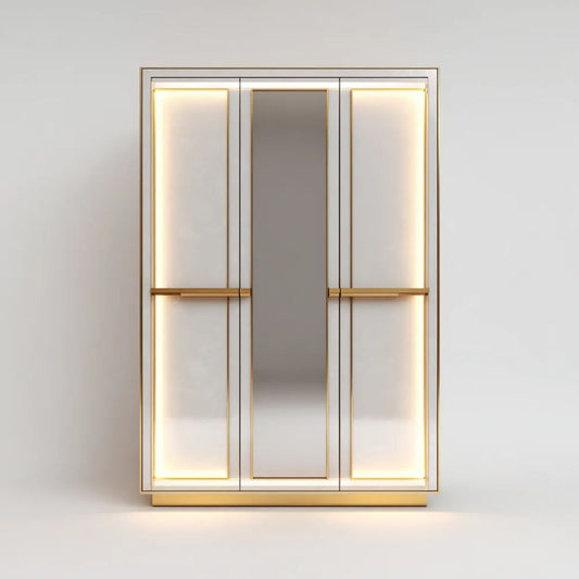 Trzydrzwiowa szafa z lustrem i oświetleniem LED, biała-złota, płyta MDF, 150 × 60 × 220 cm