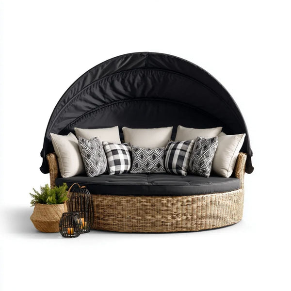Okrągła sofa ogrodowa z daszkiem, czarna, z technorattanu PE i poliestru, Ø 200 × 170 cm