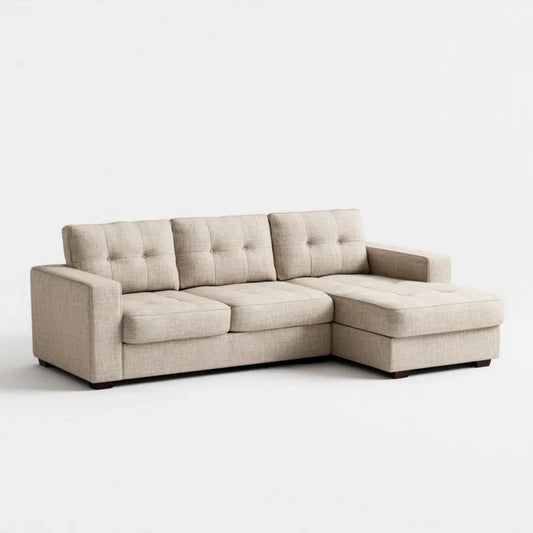 Beżowa sofa narożna z szezlongiem z poliestru, prawa, 230 × 150 × 85 cm, kształt L