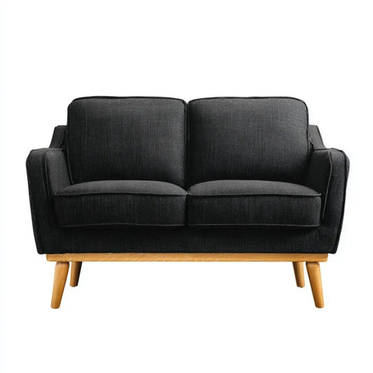 Dwuosobowa sofa czarna z tapicerką poliestrową i drewnianymi nogami, 130 × 78 × 82 cm