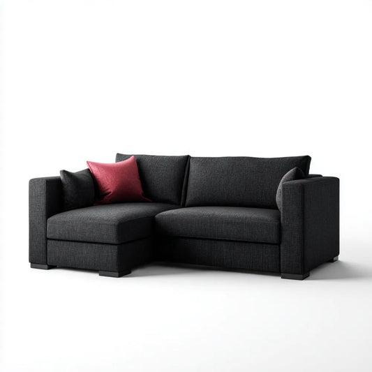 Czarna 3-osobowa sofa narożna w kształcie L z tapicerką poliestrową i bordowymi poduszkami, lewostronna, 220 × 150 × 85 cm