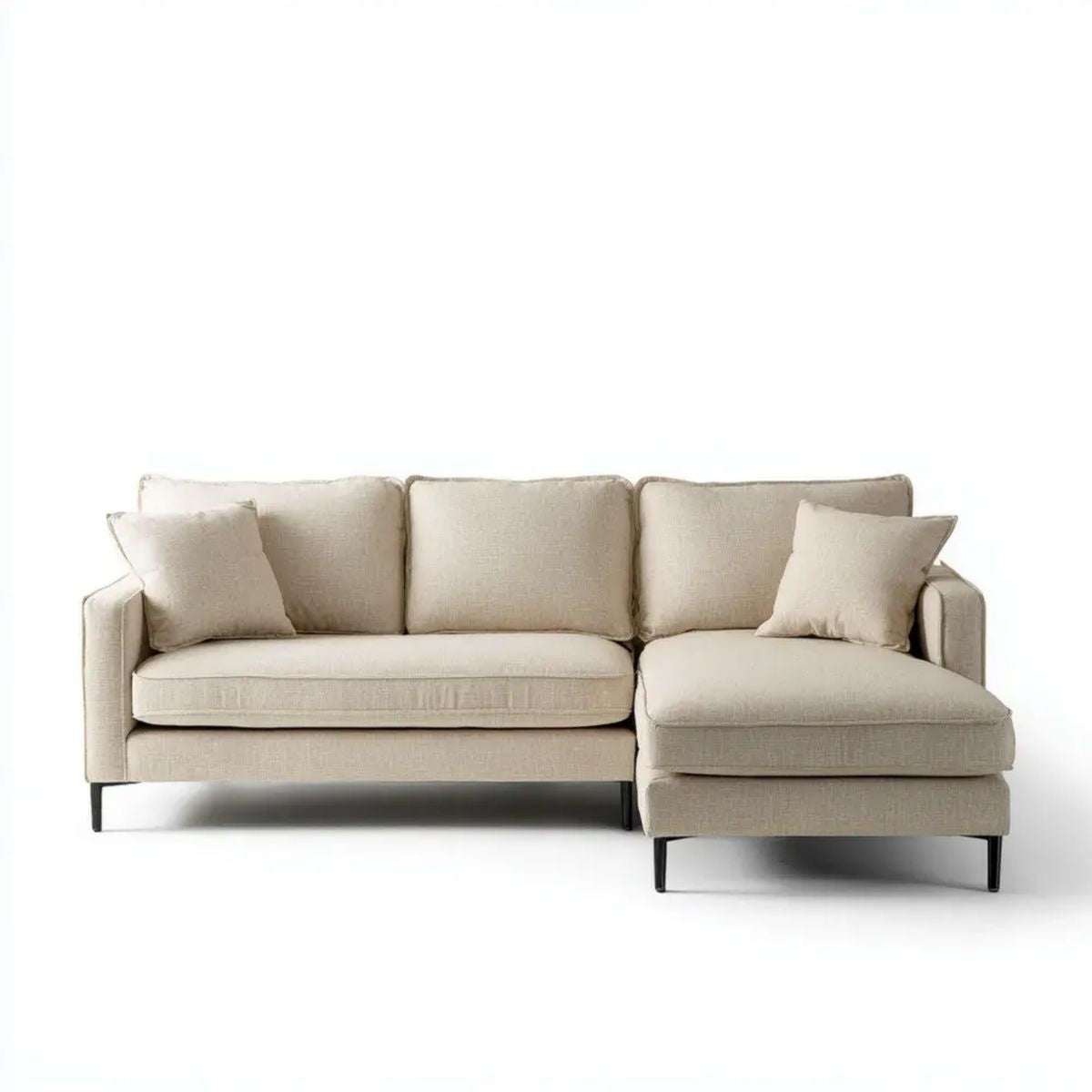 Kremowa sofa narożna w kształcie L z prawym szezlongiem, tapicerowana poliestrem, 250 × 160 × 85 cm