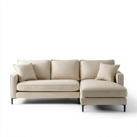 Kremowa sofa narożna w kształcie L z prawym szezlongiem, tapicerowana poliestrem, 250 × 160 × 85 cm