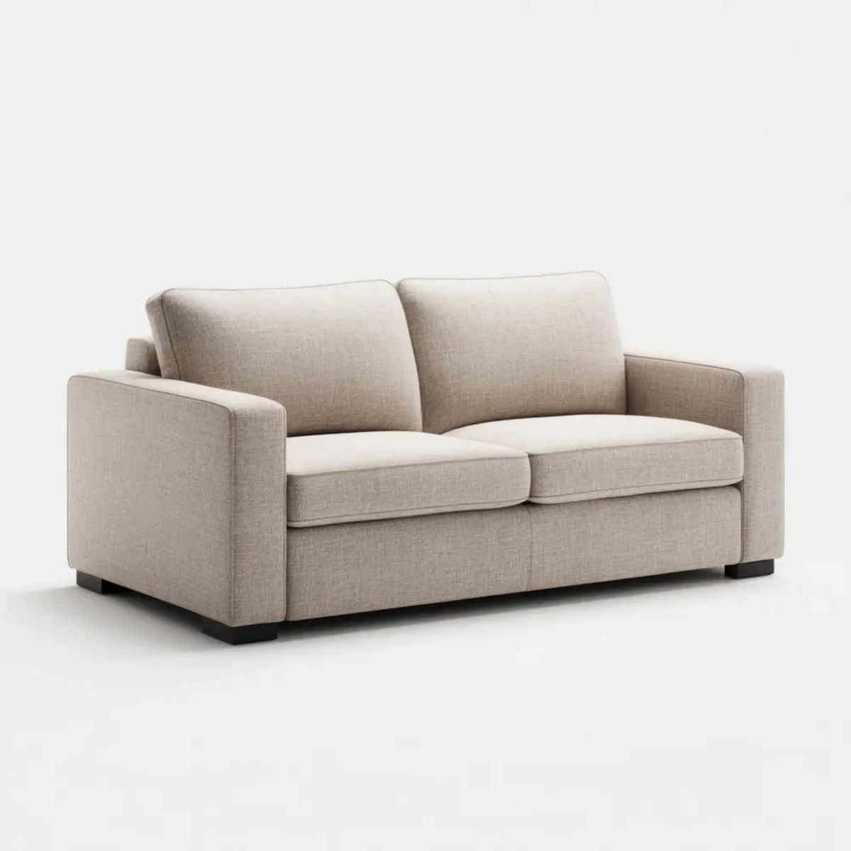 Beżowa sofa dwuosobowa z poliestru z czarnymi nóżkami, 160 x 90 x 85 cm