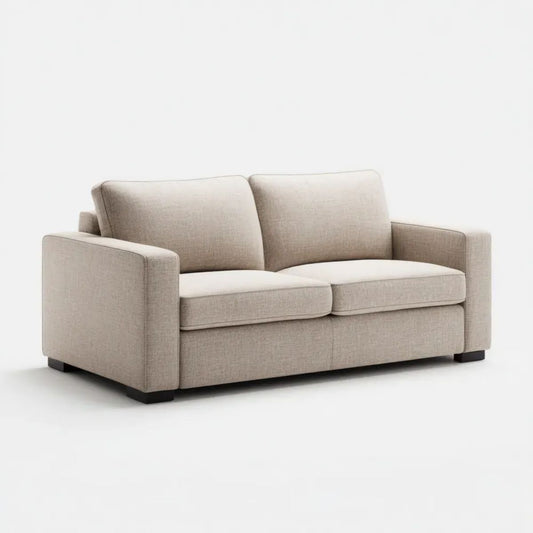 Beżowa sofa dwuosobowa z poliestru z czarnymi nóżkami, 160 x 90 x 85 cm